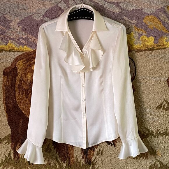KASPER Silk Sz 8 (M) Ruffle Blouse Button Up Shirt Cream Ivory Long Sleeve - Picture 1 of 9